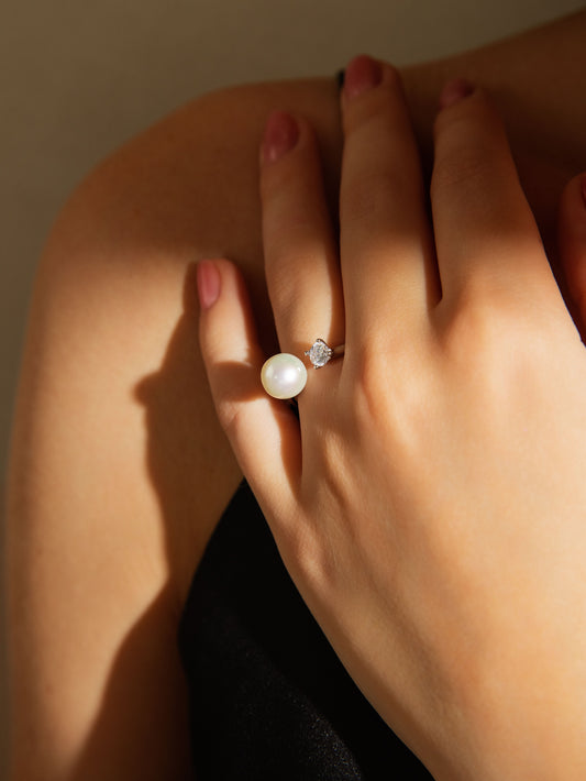 Sterling Silver Freshwater Pearl and Diamond Ring